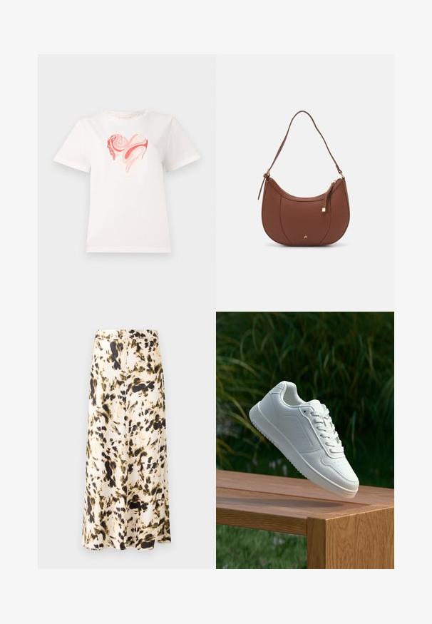 Hvid bomulds T-shirt med et hjertegrafik i nuancer af pink og koral, med svulmende abstrakte mønstre i midten. Kortærmet, rund hals.; En knælang nederdel i et let stof med et abstrakt mønster i beige, brun og grøn. Har en tætsiddende talje og en bølgende design.; Hvid sneaker med en glat syntetisk overdel, perforeret tåboks, flade snørebånd og en tekstureret sål, præsenteret på en træoverflade.; Brun faux læder skuldertaske med buet form, minimal syning og en guldtonet hardwaredetalje. Har en top lynlåslukning og justerbar rem.