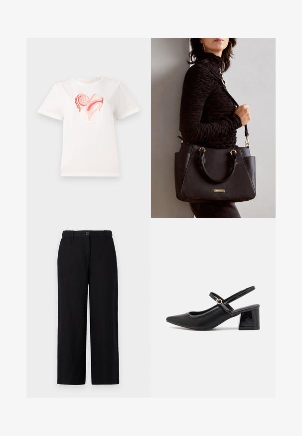 T-shirt branca de algodão com um gráfico de coração em tons de rosa e coral, com padrões abstratos em espiral no centro. Mangas curtas, decote redondo.; Calças largas pretas feitas de um tecido leve, com fecho frontal em botão e passantes para cinto. Textura suave sem padrões visíveis.; Sabrinas de cerâmica preta com salto bloco, bico apontado e um design com recortes arredondados. Apresenta um detalhe em fivela de tom dourado.; Bolsa preta com superfície texturizada, alças superiores duplas e alça de ombro ajustável. Apresenta ferragens em tom dourado e bolsos laterais.
