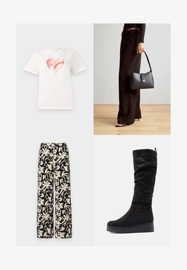 Valge puuvillane T-särk, millel on südame graafika roosa ja koralli varjundites, mille keskel on keerduvad abstraktsed mustrid. Lühikesed varrukad, ümmargune kaelus.; Mustad laiad püksid kreemja lillemustriga. Valmistatud kergest kangast, millel on sile tekstuur ja kõrge vöökoht.; Mustad nubukist knee-high saapad laia ja ümarate varvastega, mis on lükatud üles ja millel on paks platvormitajumine soontega.; Must musta kott, millel on struktureeritud kuju, sile tekstuur ja metallist klamber. Kombineeritud laiate mustade pükstega ja avatud varvaste sandaalidega puidust põrandal.