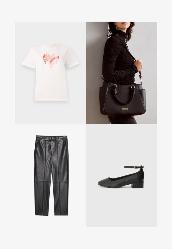 Hvid bomulds T-shirt med et hjertegrafik i nuancer af pink og koral, med svulmende abstrakte mønstre i midten. Kortærmet, rund hals.; Sorte læderbukser med en glat overflade, der har lige pasform, to forlommer og synlige sømdetaljer.; Sorte læderpumper med spids tå og en lav blokhæl. Har en ankelrem med en guldfarvet spænde. Glat tekstur.; Sort håndtaske med struktureret overflade, dobbelt topbærere og justerbar skulderrem. Udstyret med guldfarvet metalhardware og sidelommer.