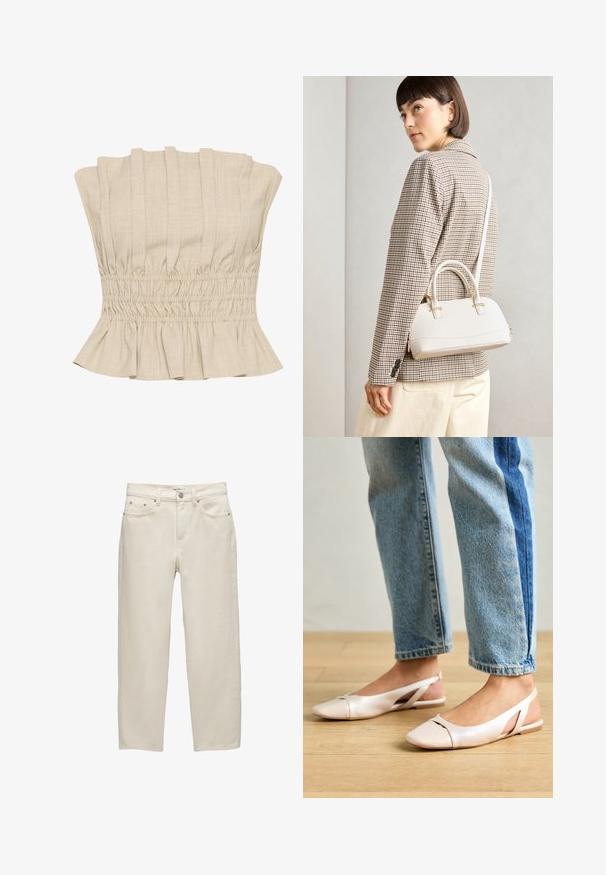 Beige Cropped-Top mit vertikalen Falten, gerafftem Taillenbund und rüschiertem Saum. Hergestellt aus einem leichten Stoff mit einer weichen Textur.; Weiße Jeans mit entspannter Passform, geradem Bein, fünf Taschen-Design und metallischen Hardware-Details mit subtiler Textur.; Blassrosa Slingback-Ballerinas mit spitzem Punkt, aus einem glatten, lederähnlichen Material. Mit Ausschnitten an den Seiten und einem flachen Absatz.; Weiße strukturierte Handtasche mit kurzen Griffen und einem Schultergurt, ausgestattet mit goldfarbenen Hardware-Elementen und strukturiertem Material, vor einem grauen Hintergrund präsentiert.