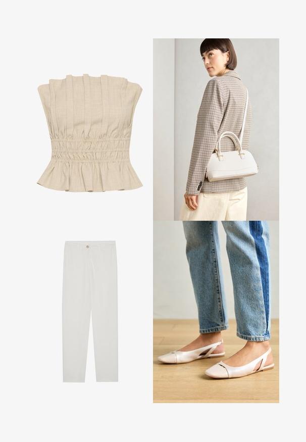 Beige zkrácený top s vertikálními sklady, nařaseným pasem a volánkovým lemem. Vyrobeno z lehké látky s měkkou strukturou.; Bílé kalhoty na míru s rovnými nohavicemi, se zapínáním na knoflík, poutky na opasek a bočními kapsami; hladká struktura látky.; Světle růžové slingback baleríny s špičatou špičkou, vyrobené z hladkého koženému materiálu. Obsahují vystřihovací detaily po stranách a plochý podpatek.; Bílá strukturovaná kabelka s krátkými uchy a ramenním popruhem, zdobená zlatými kovovými prvky a texturovaným materiálem, vystavená na šedém pozadí.