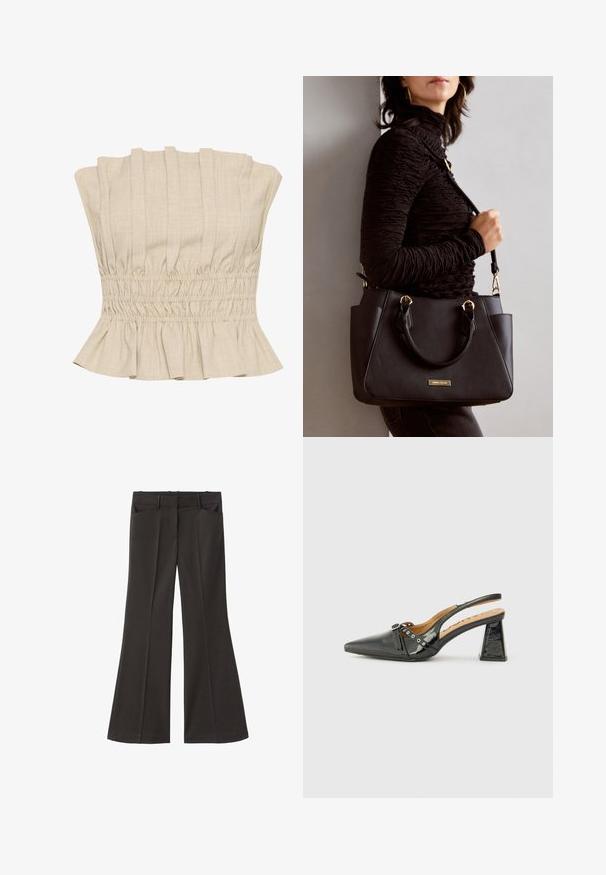 Beige cropped top med vertikale folder, smocket talje og volangkant. Fremstillet af et let stof med en blød tekstur.; Sorte flagrende bukser med høj talje; har to forlommer og en glat stofstruktur. Egnet til forskellige anledninger.; Sort patentlæder slingback sko med spids tå, trekantet hæl og dekorativ rem med sølv accenter. Glat tekstur.; Sort håndtaske med struktureret overflade, dobbelt topbærere og justerbar skulderrem. Udstyret med guldfarvet metalhardware og sidelommer.
