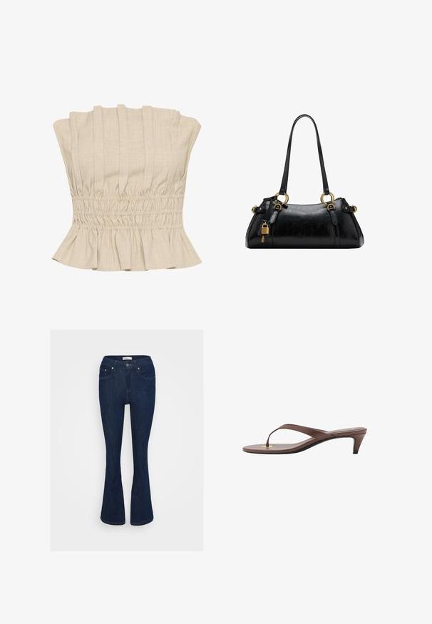 Top corto beige con pieghe verticali, vita arricciata e orlo arricciato. Realizzato in un tessuto leggero con una consistenza morbida.; Jeans a zampa d'elefante in denim blu scuro, con un classico design a cinque tasche, chiusura con bottone metallico e dettagli di cucitura sulle tasche.; Infradito con tacco marroni, dotati di una fascia sottile e un puntale arrotondato, con un piccolo dettaglio dorato sulla soletta.; Borsa a mano in pelle nera con una texture liscia, forma arrotondata, dettagli in hardware dorato e doppi manici. Presenta un lucchetto decorativo sul lato.