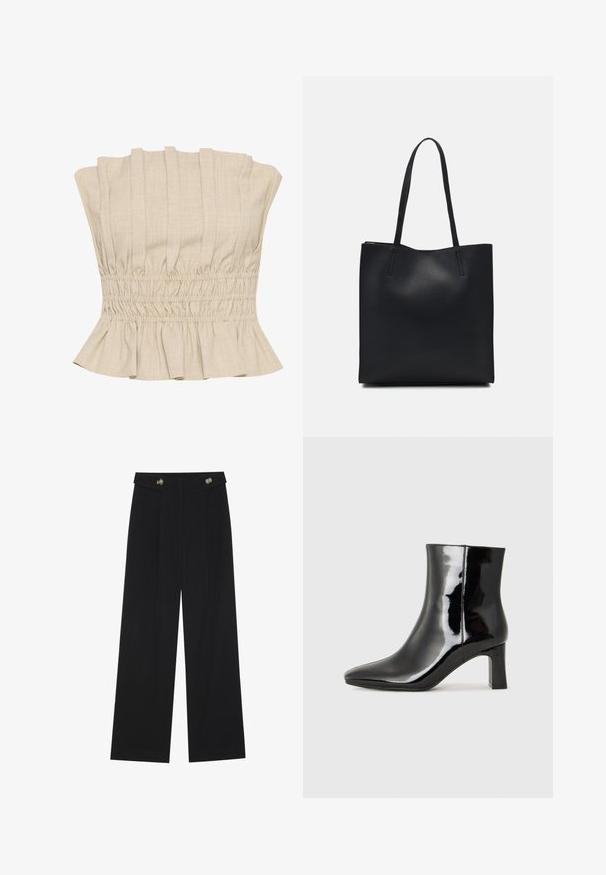Top corto beige con pieghe verticali, vita arricciata e orlo arricciato. Realizzato in un tessuto leggero con una consistenza morbida.; Pantaloni neri a gamba larga con vita alta, dettagli con bottoni in vita e pieghe frontali.; Stivaletto in pelle verniciata nera con punta a punta e tacco a blocco di altezza media. Texture liscia e design minimalista.; Borsa tote in pelle nera con texture liscia, forma rettangolare e due manici lunghi. Nessun hardware o decorazione visibile.
