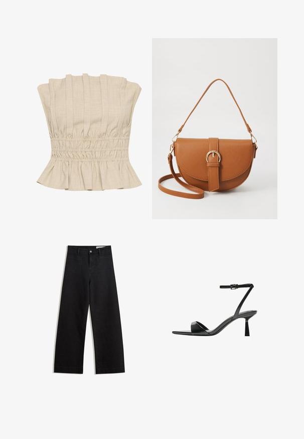 Beige cropped top med vertikale folder, smocket talje og volangkant. Fremstillet af et let stof med en blød tekstur.; Sorte wide-leg denim bukser med høj talje, der har front- og baglommer, syede sømme og en knaplukning. Glat tekstur.; Bershka Højhælede sandaletter / Højhælede sandaler - black; Brun læder crossbody taske med en buet form, guldfarvet hardware og en spændeaccent. Har en aftagelig skulderrem.