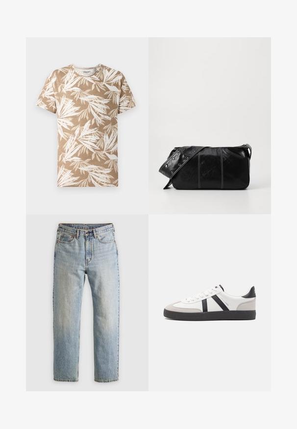 T-shirt med kort ärm i ljusbrun med ett vitt bladmönster. Mjuk tyg, rundad hals och avslappnad passform.; Ljusblå denimjeans med hög midja, framknäppning, dragkedja och femficksdesign, placerade platt på en neutral bakgrund.; Vit sneaker med svarta och grå accenter, med en strukturerad grå tådel, svart gummisul, och platta vita skosnören. Ren design, minimalistisk stil.; Svart läder axelväska med dragkedjestängning, som har en texturerad yta, vit sömnad och ett bälte med silveröglor.