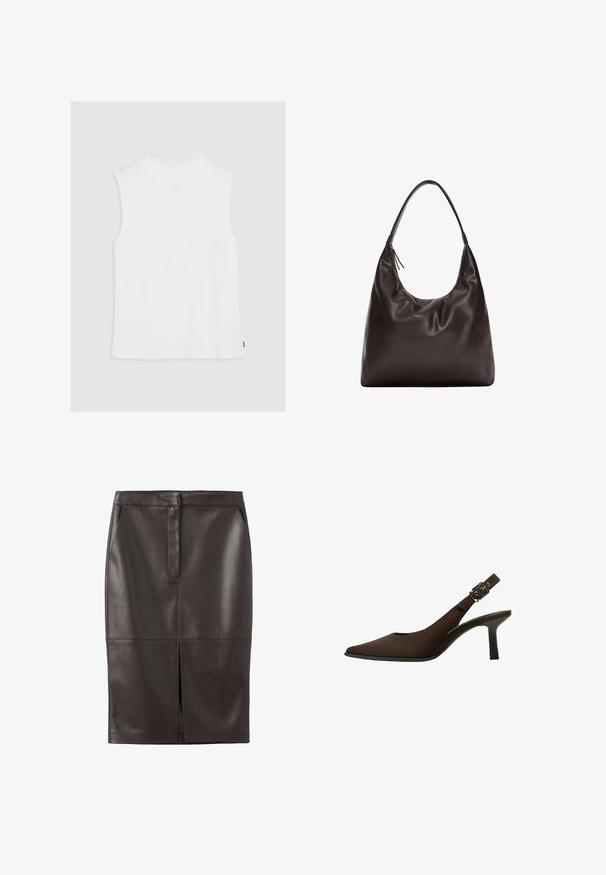 White sleeveless top with a high neckline, made from soft material, featuring a straight hem and a small red logo tag on the side.; Brown leather pencil skirt with a smooth texture, front slit, and two side pockets; fitted design with stitched detailing.; Brown suede slingback pump with a pointed toe, sleek design, thin heel, and a buckle accent on the ankle strap.; Brown leather shoulder bag with a soft, slouchy design. The bag features a wide strap and minimalistic shape, complemented by subtle texture.