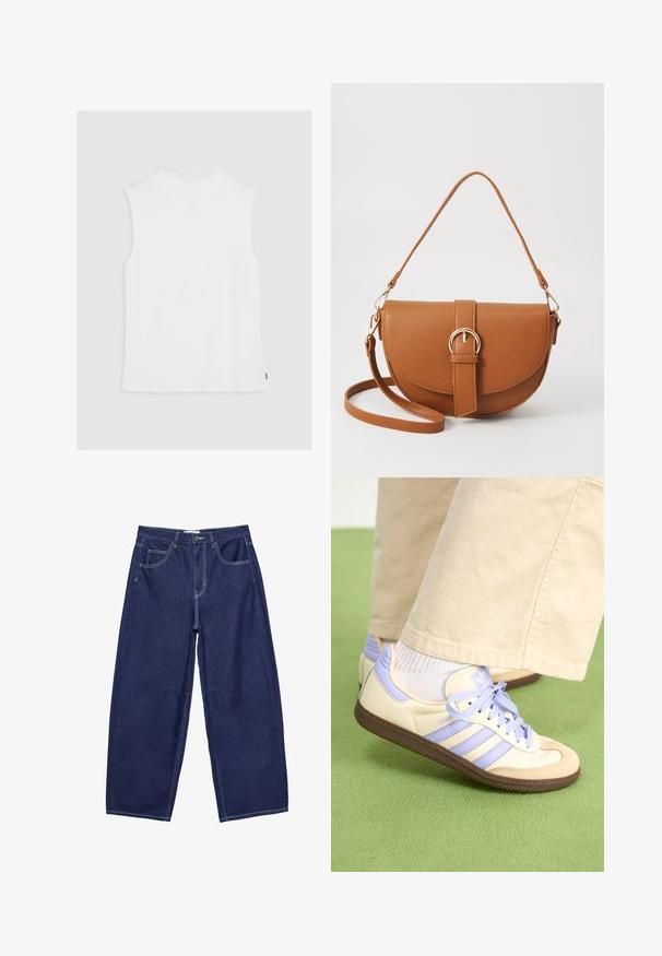 Hvid ærmeløs top med høj halsudskæring, lavet af blødt materiale, med en lige kant og et lille rødt logo mærke på siden.; Mørkeblå denim bukser med brede ben og høj talje, fem lommer og kontrasterende hvid syning. Glat tekstur, klassisk design.; Creme og lavendel sneakers med tre striber og en tekstureret brun sål, der har snørebånd og en polstret hæl. Blødt stof øvre.; Brun læder crossbody taske med en buet form, guldfarvet hardware og en spændeaccent. Har en aftagelig skulderrem.