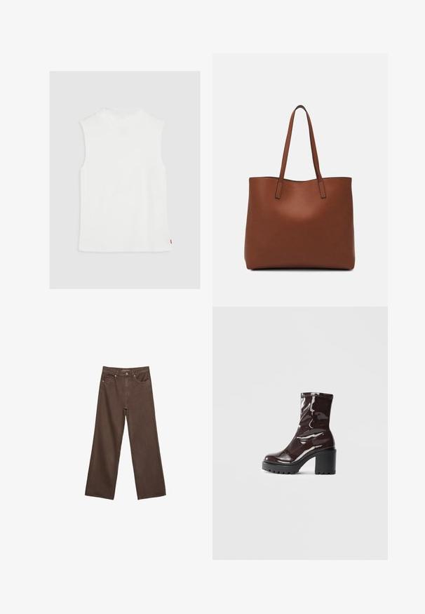 Vit ärmlös topp med hög halsringning, tillverkad av mjukt material, med en rak nederkant och en liten röd logotagg på sidan.; Breda bruna jeans i denim med hög midja, framfickor och klassisk knäppning. Slät textur med subtil sömnad.; Glansig bordeauxfärgad ankelsko med en kraftig svart klack, som har en slät yta och enkel design. Inga synliga stängningar eller mönster.; Brun läder tote-väska med en slät textur, öppen toppdesign och två axelremmar. Har minimal söm och ingen synlig metalldetalj.