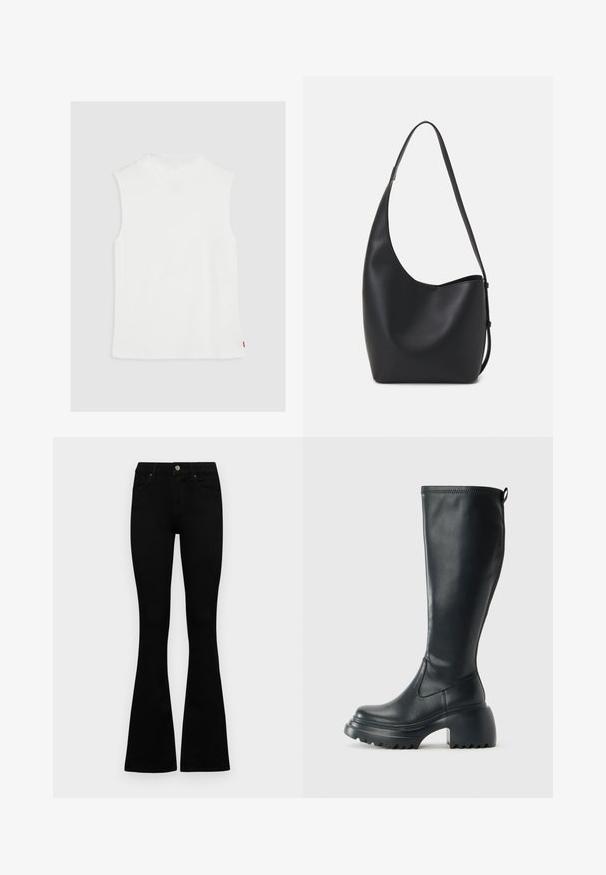 Fehér ujjatlan felső, magas nyakkivágással, puha anyagból készül, egyenes szegéllyel és egy kis piros logóval az oldalon.; Fekete, magas derekú farmernadrág gomb- és cipzárzárral, elülső zsebekkel és harangszárral, laposan egy fehér háttérre terítve.; Magas fekete bőrcipő, vastag platform talppal és blokk sarokkal, húzófüllel és texturált profillal az outsole-on.; Fekete bőr hobo táska sima textúrával, ívelt formával és egyetlen állítható pánttal; széles nyílás található a tetején.