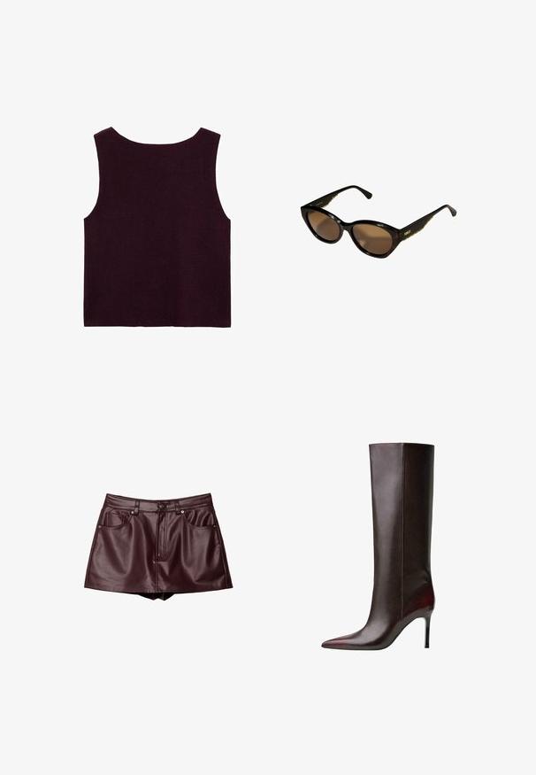 Burgundy sleeveless knit top, featuring a wide neckline and a fitted silhouette, with a smooth texture and no visible embellishments.; Burgundy faux leather mini skirt with two front pockets, visible stitching, a front zip, and button closure. Sleek, smooth texture.; Brown leather knee-high boot with a pointed toe design, sleek texture, and a stiletto heel. Seam detailing along the side.; Black cat-eye sunglasses with brown lenses. Textured gold hardware on arms. Smooth plastic frame with a glossy finish.