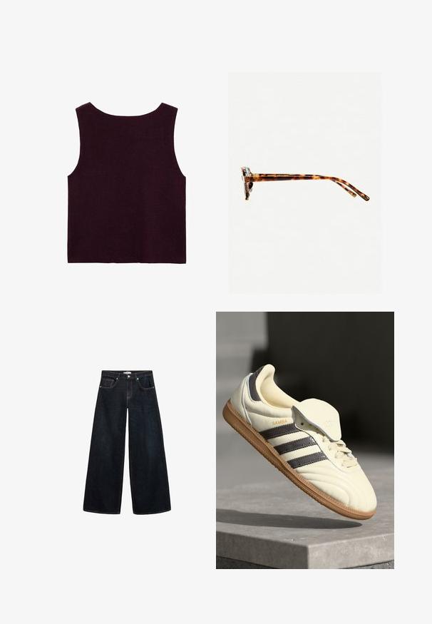 Top senza maniche color bordeaux in maglia, caratterizzato da un ampio scollo e una silhouette aderente, con una texture liscia e senza decorazioni visibili.; Jeans in denim scuro a gamba larga con vita alta, caratterizzati da cuciture a contrasto, tasche anteriori e un design minimalista.; Sneaker in pelle crema con tre strisce scure, suola in gomma marrone e punta arrotondata. Presenta una linguetta pieghevole etichettata "SAMBA".; Occhiali da sole tartarugati con una montatura spessa, tempie leggermente curve e superficie liscia. Presentano un design classico con una finitura lucida.
