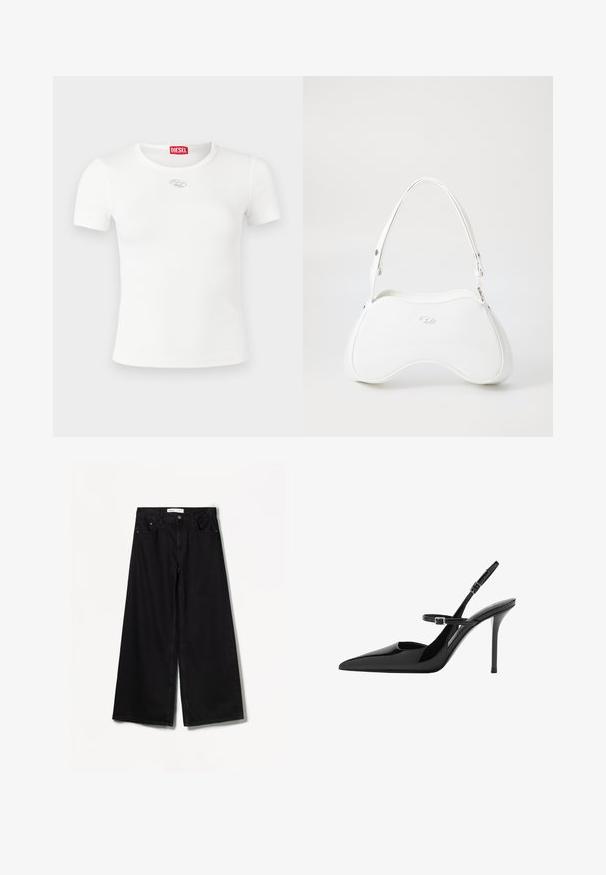 T-shirt bianca a maniche corte in tessuto a coste, con scollo rotondo e dettaglio logo argento sul petto.; Bershka WIDE-LEG - Wide Leg - black; Slingback in vernice nera con tacco a stiletto, punta affusolata e cinturino regolabile. Superficie liscia con finitura lucida.; Borsa bianca con superficie liscia e lucida, forma curva e una sola tracolla regolabile. Presenta un logo impresso sul davanti.