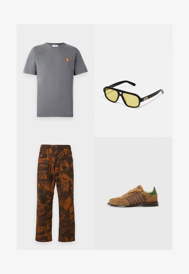 Grijze katoenen t-shirt met een kleine borduurmotief van een oranje voskop boven de linkerkant van de borst. Ronde hals, korte mouwen en een klassieke pasvorm.; Bruine gestreepte broek met een collage van donkere ontwerpen, uitlopende pijpen, standaard knoop- en ritssluiting, en vijf-pocket stijl.; Bruine suède sneakers met donkerpaarse strepen, groene hiel tab, en vetersluiting. Heeft een gestructureerde afwerking en rubberen zool.; GCDS UNISEX - Zonnebril - shiny black