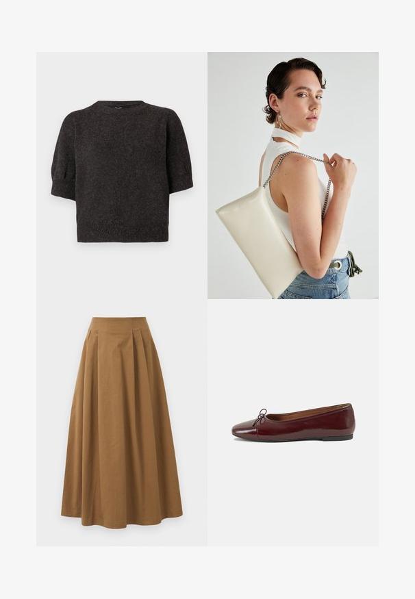 Dark gray short-sleeve sweater, knitted texture, ribbed hem, round neckline, and slightly puffed sleeves, featuring a soft, cozy fabric.; Brown cotton A-line skirt with a high waist, featuring pleats down the front and a smooth texture. Hem finishes are clean and simple.; Burgundy patent leather ballet flat with a rounded toe, small bow accent at the front, and a low, black rubber sole. Smooth texture.; White rectangular clutch bag made of glossy material, featuring a silver chain strap. Model poses, showcasing the bag against a plain background.