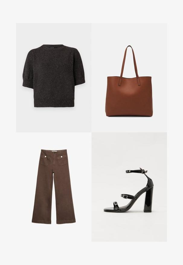 Czarnoszary sweter z krótkim rękawem, o dzianinowej strukturze, z prążkowanym wykończeniem, okrągłym dekoltem i lekko bufiastymi rękawami, wykonany z miękkiego, przytulnego materiału.; Czerwone spodnie typu wide-leg wykonane z bawełny, z dwoma przednimi kieszeniami zapinanymi na srebrne guziki oraz gładką fakturą.; Czarne lakierowane sandały na obcasie z kwadratowym noskiem, z paskami wokół kostki i srebrnymi klamrami. Posiadają masywny słupek dla stabilności.; Brązowa skórzana torba tote o gładkiej fakturze, z otwartym wierzchem i dwoma ramiączkami. Charakteryzuje się minimalnym przeszyciem i brakiem widocznych elementów metalowych.