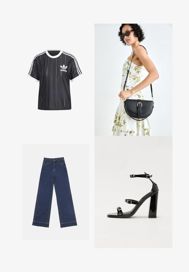 adidas Originals 3 S TEE - T-shirt print - black; Wide-leg jeans in donkerblauwe denim. Voorzien van vijf zakken, riemlussen en een rauwe zoom onderaan met zichtbare stikseldetails.; Zwarte patent lederen sandalen met hoge hakken, twee gespenbanden, een vierkante neus en een stevige blokhak, met een gladde, glanzende textuur.; Zwarte leren handtas met een gebogen vorm, afneembare schouderband en gouden hardware. De tas heeft een klep met een gespsluiting.