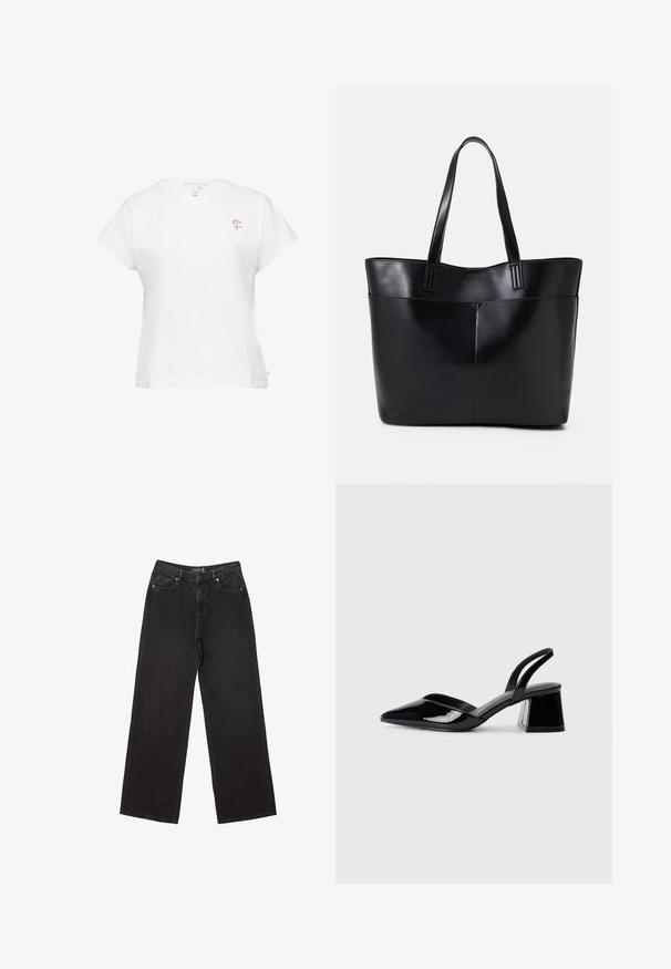 Witte katoenen t-shirt met korte mouwen, ronde halslijn en kleine kleurrijke bloemborduursels op de linker borst. Eenvoudig en klassiek ontwerp.; Zwarte wijde jeans van denim, met kleine stippenpatronen, een klassieke vijf-pocket ontwerp en een knoop- en ritssluiting.; Zwarte gepatineerde leren slingback hakken met een spitse neus en een geometrische blokhak. Kenmerkt zich door een slank, minimalistisch ontwerp en een gladde textuur.; Zwarte leren tote bag met twee lange handvatten, een zachte textuur en een gestructureerde vorm. Voorzien van een voorvak voor extra opslagruimte.
