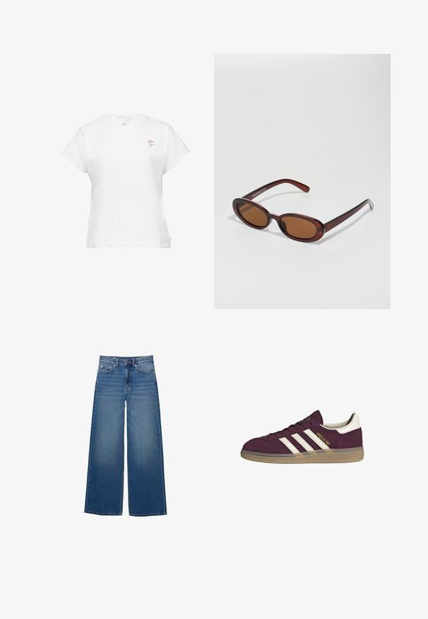 Weißes Baumwoll-T-Shirt mit kurzen Ärmeln, rundem Halsausschnitt und kleiner, bunter Blumenstickerei auf der linken Brust. Einfaches und klassisches Design.; Weite blaue Jeans aus Denim, mit hoher Taille, genähten Akzenten und einem schlichten Design mit leichtem Verblassungseffekt.; Bordeauxfarbene Wildledersneaker mit weißen drei Streifen und beigen Akzenten. Verfügt über eine strukturierte Gummisohle und goldene Markenlogo auf der Seite.; Runde, braun getönte Sonnenbrillen mit einem glänzenden burgunderfarbenen Rahmen. Schlanke Bügel mit dezentem Branding. Flaches Linsendesign.; Braune, geflochtene Lederhandtasche mit einer lässigen, dreieckigen Form. Verfügt über einen geflochtenen Griff und einen Reißverschluss an der Oberseite.