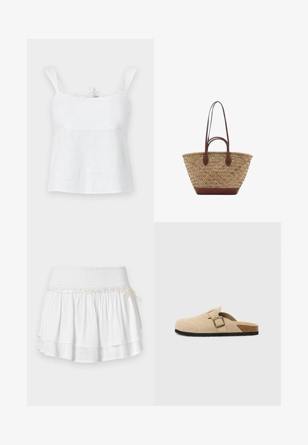 Top din in cu o croială lejeră, cu bretele reglabile și un detaliu cu fundiță la decolteu, textură netedă și design ușor.; Fustă albă în straturi cu talie elastică, având un detaliu texturat de smocking și un accent decorativ cu panglică. Material din bumbac.; Saboti din suede bej, cu talpă din plută, vârf rotunjit și o curea simplă cu cataramă aurie. Talpă din cauciuc pentru aderență.; Geantă din iarbă împletită, cu textură împletită, mânere și bază din piele maro închis, formă circulară largă și design cu vârf deschis.