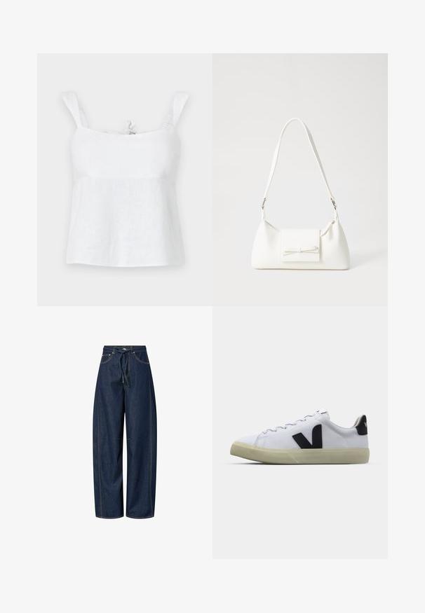 Valge linane topp, millel on mugav lõige, reguleeritavad õlapaelad ja sidumisdetail kaeluses, sile tekstuur ja kerge disain.; Tumed sinised laiad püksid tumedast denimist, nööriga vöökoht, kontrastne õmblus ja kaks esi-taskut. Sile tekstuur, mugav istuvus.; Valged kanva tenniset tekstuuriga kummitald, must logoaktsent, ümar varvas ja lihtne nööpide kinnitamine. Puhtad ja minimalistlikud.; Valge sünteetilisest materjalist kott kolmnurkse kujuga, lame esiklapiga ja kaaredetailiga, reguleeritava rihmaga, sileda tekstuuriga ja minimalistliku disainiga.