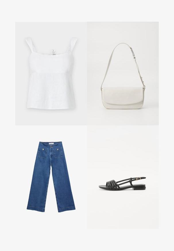 Hvid linned top med en afslappet pasform, der har justerbare skulderstropper og en bindebeslag ved halsudskæringen, glat tekstur og let design.; Denim brede ben jeans med en mellemblå vask, to forlommer med knaplukninger og syet detaljering langs sømmene.; Sorte flade sandaler med en stropdesign, der har flere læderstropper og en smal ankelspænde. Sålen er flad og rektangulær.; Hvid læder skuldertaske med glat finish, rektangulær form, klaplukning og justerbar rem. Enkel syning detaljer.