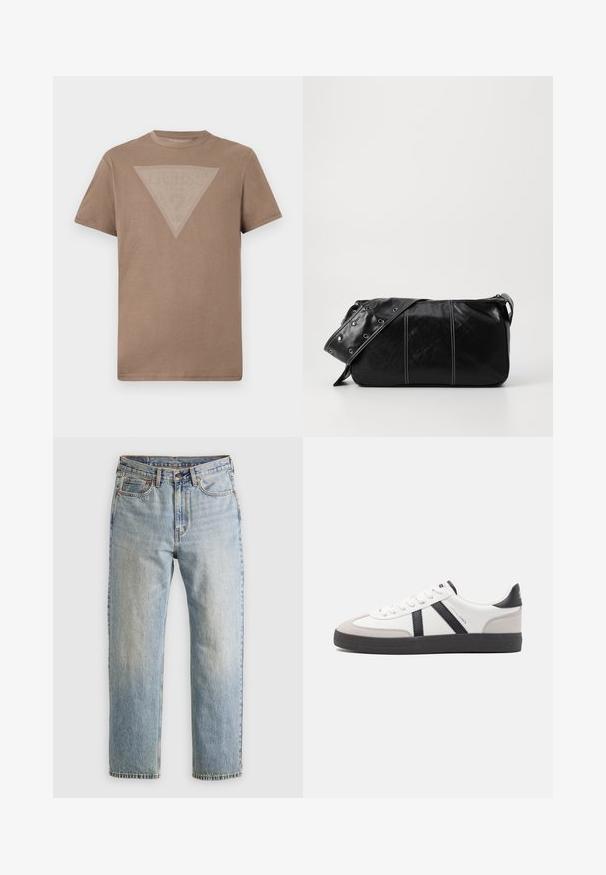 T-shirt marrone a maniche corte con una grande grafica a triangolo invertito di sottili linee verticali bianche sul petto.; Jeans in denim azzurro chiaro con vita alta, bottone anteriore, cerniera e design a cinque tasche, adagiati su uno sfondo neutro.; Sneaker bianco con accenti neri e grigi, dotata di una punta grigia testurizzata, suola in gomma nera e lacci bianchi piatti. Design pulito, stile minimalista.; Borsa a spalla in pelle nera con chiusura a zip, caratterizzata da un corpo testurizzato, cuciture bianche e una tracolla con occhielli in argento.