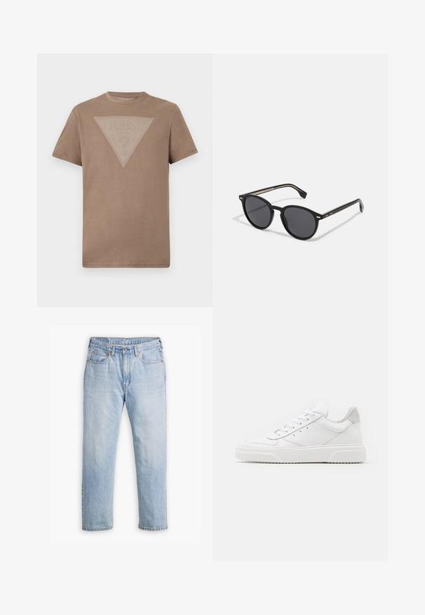 Jednostavna smeđa majica kratkih rukava sa velikim obrnutim trouglastim grafičkim uzorkom finih belih vertikalnih linija na prsima.; Svijetloplave traperice s ravnim nogavicama, pet džepova i kontrastnim šavovima. Dužina gumba i zatvarača na struku.; Bijele kožne tenisice s glatkom površinom, okruglim vrhom, ravnim vezicama i strukturiranom potplatom. Sivi antilop naglasak na peti.; BOSS Sunčane naočale - black