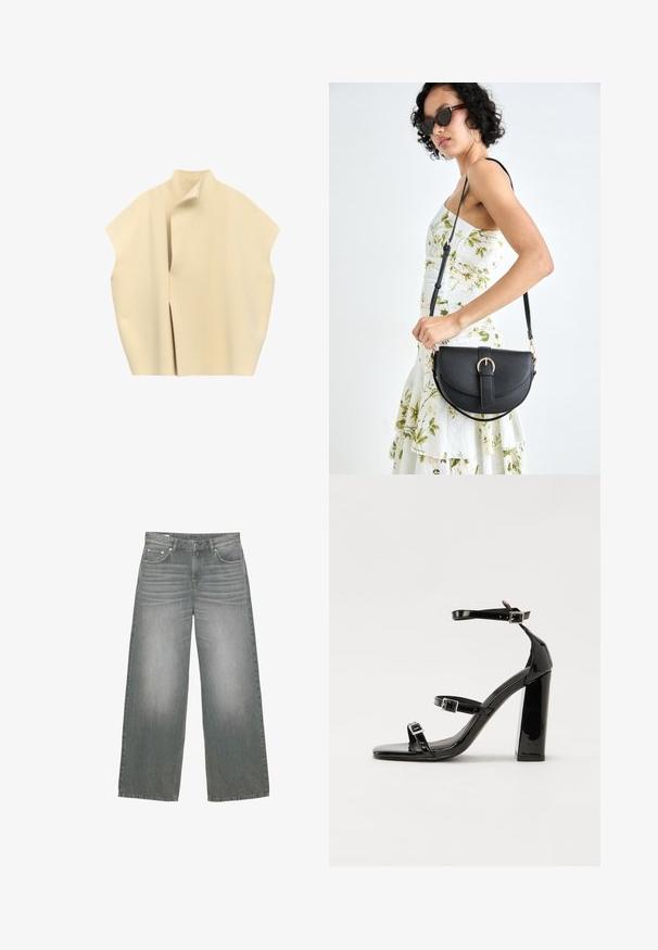 Krämfärgad ärmlös kappa med hög hals och asymmetrisk framskjutning, tillverkad av tjockt tyg.; Breda ben, grå denimjeans med en något blekt yta, femficksdesign och klassisk knapp- och dragkedjestängning.; Svarta lackerade högklackade sandaler med två spännband, fyrkantig tå och en tjock klack, med en slät och glansig yta.; Svart läderhandväska med en böjd form, avtagbar rem och guldiga detaljer. Väskan har ett lock med en spänndetalj.