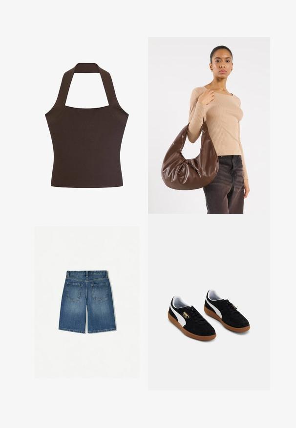 Top halter maro, realizat dintr-un material neted și texturat, cu un corp ajustat și bretele late care se unesc la gât și spate.; Şort din denim de culoare albastru mediu, cu un croi lejer, având două buzunare în spate și un tiv drept, curat. Design clasic cu cinci buzunare.; Sneakers negre din suede, cu o bandă albă pe lateral, design cu șireturi și talpă din cauciuc de colorămăciuc. Detaliu cu logo auriu pe lateral.; Geantă hoboo din piele maro cu un design lejer și o textură netedă. Purtați-o casual de un model, având o deschidere mare și o formă rotundă.