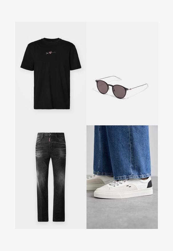 Neil Barrett SLIM CUPID - Print T-shirt - black; Black denim jeans with a straight fit. Features faded areas, minor distressing, classic five-pocket design, and a button closure.; White and black sneakers with a smooth leather upper, textured accents, and a chunky white sole. Features a classic lace-up design.; Black round sunglasses with dark lenses and slim metal arms. Includes clear temple tips and silver accents at the hinge. Minimalist design.