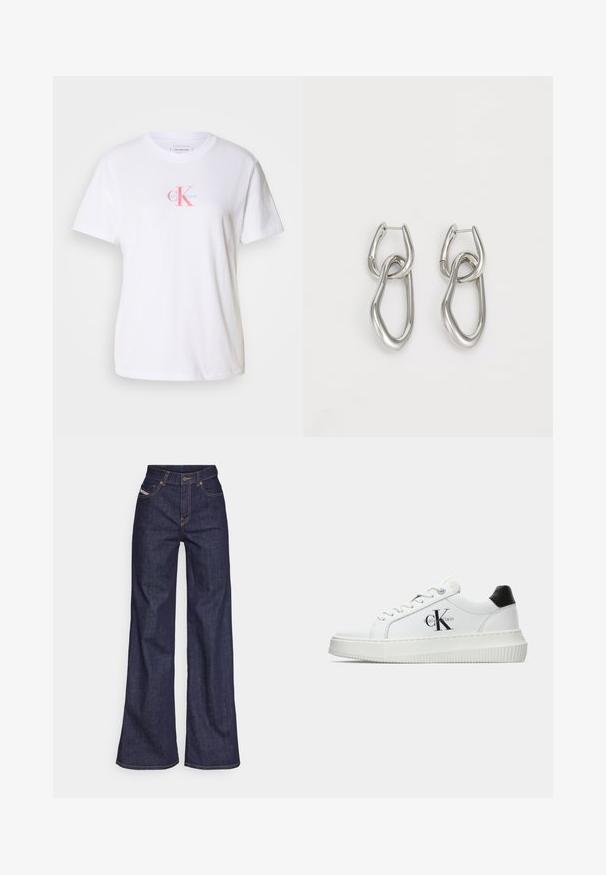 Balta medvilninė marškinėliai su apvalia iškirpte, trumpomis rankovėmis ir priekyje esančiu logotipu rožinės ir mėlynos spalvų su užrašu "Calvin Klein" po juo.; Tamsiai mėlynos plačios kojų džinsinės kelnės iš denimo audinio su aukštu liemeniu, su oranžinėmis siūlėmis, penkių kišenių dizainu ir sagčių užsegimu.; Balti žemakulniai bateliai su juodu kulno dangteliu, platformos padu, raišteliais ir Calvin Klein "CK" logotipu šone.; Calvin Klein STATEMENT LINKS - Auskarai - silver-coloured