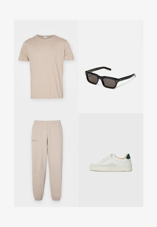 Filippa K ROLL NECK TEE - T-shirts - faded khaki; Beige joggebukser laget av myk stoff, med elastisk midje og mansjetter, og en liten trykt tekstdetalj på venstre bein.; Hvit sneakers med semsket detaljer, rund tå, flate snøringer og en kremfarget gummisåle. Har grønn merking på hælen.; Sorte rektangulære solbriller med mørke linser, tykk plastikkramme, gullaccenter på skulderpartiet og merkevarelogo gravert på armen.