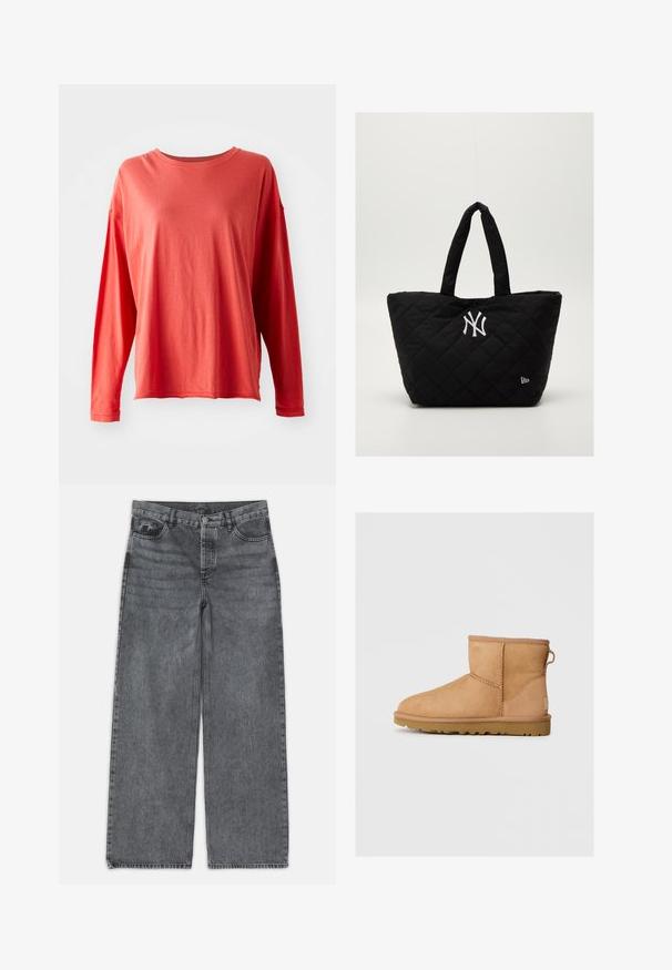 Hosszú ujjú korallpiros póló, kerek nyakkivágással, laza fit, és látható varrásokkal az ujjakon és az alján, fehér háttér előtt.; Sötét szürke denim széles szárú farmer. Magas derekú, öt zsebes kialakítással és elöl gombos záródással rendelkezik. Simább textúrájú, enyhe kopással.; Barna velúr bokacsizma kerek orral, varrott részletekkel, hátsó húzótabbal és strukturált gumi talppal. A kényelem és a melegség érdekében készült.; Steppelt fekete táska dupla fogantyúval, fehér New York Yankees logóval és egy kis márkájú emblémával az oldalon.