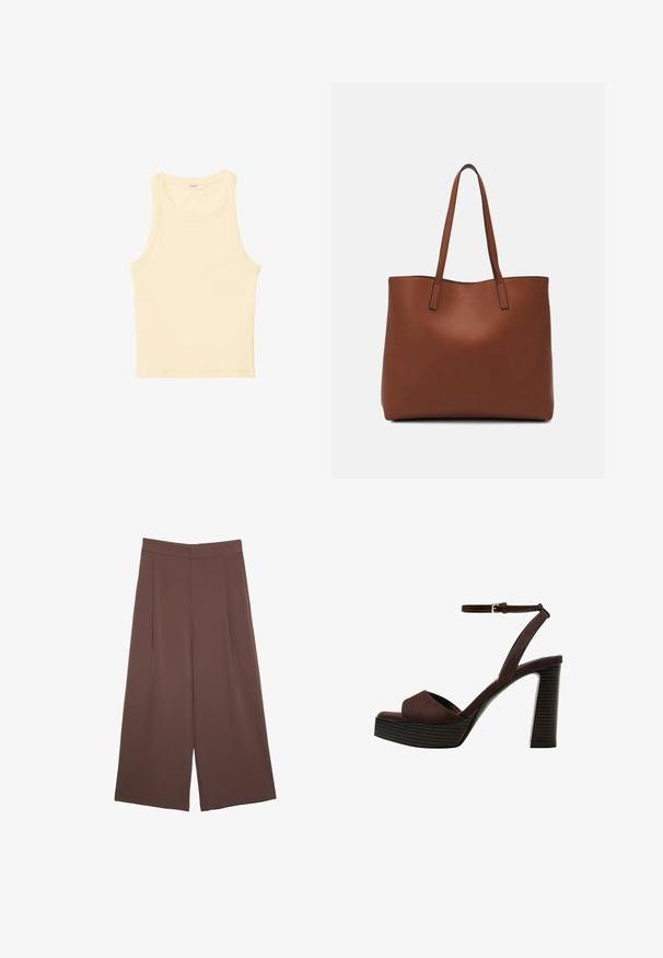 Top color giallo chiaro, senza maniche, realizzato in tessuto a costine. Presenta un collo rotondo e una forma dritta, senza motivi o decorazioni visibili.; Pantaloni ampi marroni con una texture liscia, caratterizzati da una vita alta e pieghe frontali. Il tessuto è leggero e scorre liberamente.; Sandal in camoscio marrone con tacco alto, punta aperta, cinturino alla caviglia regolabile e suola a piattaforma striata.; Borsa tote in pelle marrone con texture liscia, design con apertura superiore e due spallacci. Presenta cuciture minime e nessun hardware visibile.