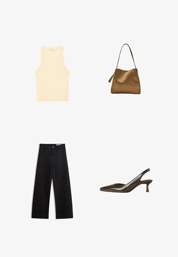 Lichtgele, mouwloze top van ribbed stof. Heeft een ronde halslijn en een rechte snit, zonder zichtbare patronen of versieringen.; Zwarte denim broek met wijde pijpen en een hoge taille, voorzien van voor- en achterzakken, gestikte naden en een knoopsluiting. Gladde textuur.; Olijfgroene slingback pump met een spitse neus en een lage, slanke hak. Glanzende textuur met een licht gekreukt uiterlijk.; Bruine suède handtas met een gladde textuur, een gebogen bovenkant en een lange, platte schouderband. Heeft een ritsstopper aan de zijkant.
