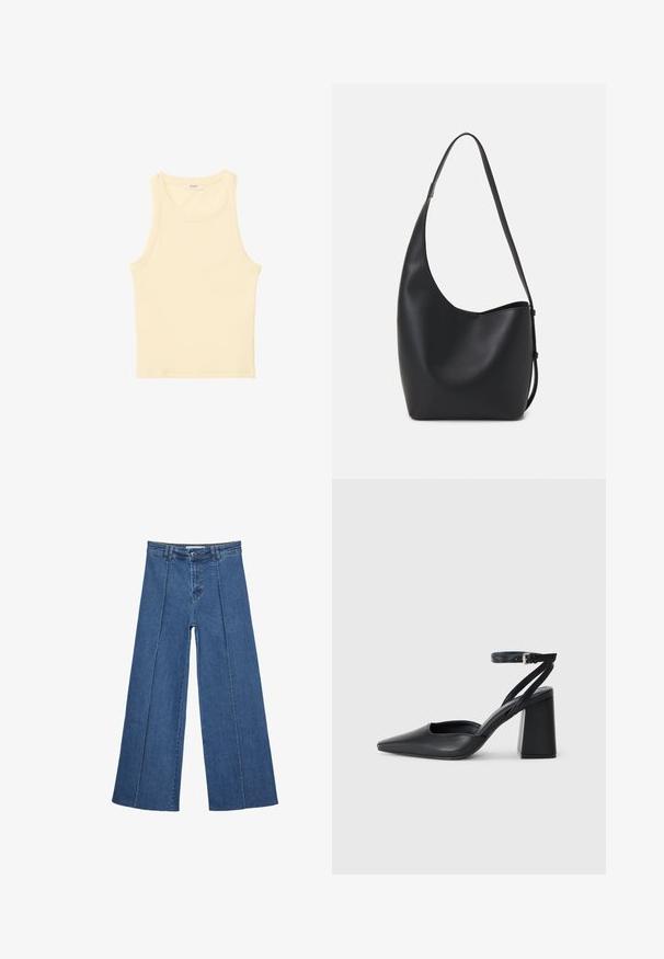 Jasnożółty, bezrękawnikowy top wykonany z prążkowanej tkaniny. Ma okrągły dekolt i prosty krój, bez widocznych wzorów czy zdobień.; Jeans typu wide-leg w średnim niebieskim kolorze, z wysokim stanem, zapięciem na guziki oraz kontrastowymi szwami pionowymi z przodu.; Czarne skórzane czółenka z ostrym noskiem, z paskiem na kostce i grubym obcasem. Gładka faktura, elegancki design i minimalistyczna estetyka.; Czarna skórzana torba hobo o gładkiej fakturze, zaokrąglonym kształcie i pojedynczym, regulowanym pasku; posiada szerokie otwarcie na górze.