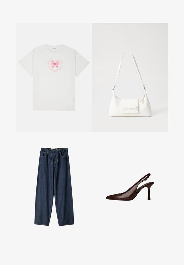 Witte katoenen t-shirt met een roze hartontwerp met een strik en kettingdetails. Korte mouwen en een ronde hals. Zachte textuur.; Donkerblauwe denimbroek met een wijdere pijp. Voorzien van een elastische tailleband, trekkoord en zijzakken. Glad van textuur met zichtbare naden.; Bruine lederen slingbackpomp met een spitse neus en een dunne hak. Voorzien van een kleine accentgesp op de band en een glossy afwerking.; Witte synthetische handtas met een driehoekige vorm, platte voorklep en strikdetail, verstelbare schouderriem, gladde textuur en minimalistisch ontwerp.