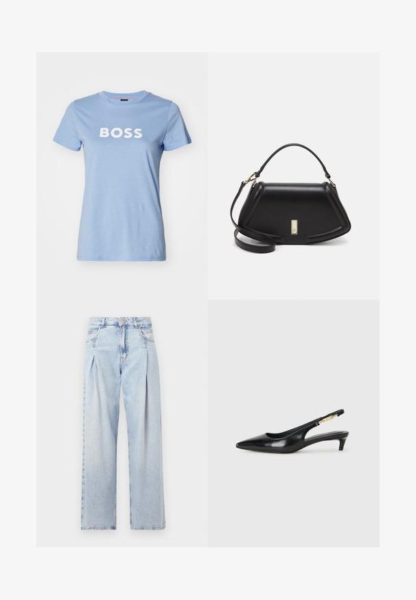 BOSS ELOGO - Apdrukāts T-krekls - bright blue; Gaiši zilas džinsu bikses ar augstu jostasvietu, plats kāju griezumu, divām sānu kabatām un krokotā dizaina akcentiem. Mīksta tekstūra ar izdilušu apdari.; Melnas ādas slingback zābaki ar smailu purngalu, ar šauru papēdi un zelta krāsas akcentu uz regulējama siksniņas. Gluda tekstūra.; Melnas ādas roku soma ar struktūru, ar īsu formu, augšējo rokturi un zelta aksesuāriem. Iekļauta regulējama plecu siksna.