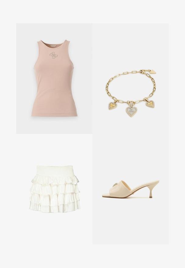Ružový rebrovaný tielko s okrúhlym výstrihom, s kovovým logom na prednej strane a priliehavým strihom.; Biela sukňa s volánmi a smockovaným pásom. Obsahuje vrstvené, priehľadné volány, ktoré vytvárajú textúrovaný a plynulý vzhľad.; Béžové patentné kožené sandále s otvorenou špičkou a nízkym stiletto podpätkom. Obsahujú centrálny dekoračný prvok na vrchu. Hladký, lesklý povrch.; Náramok s charms v zlatej farbe, s tromi srdiečkami, z ktorých dve sú ozdobené krištáľmi. Dizajn s článkovým řetězcem, s bezpečným zapínaním.