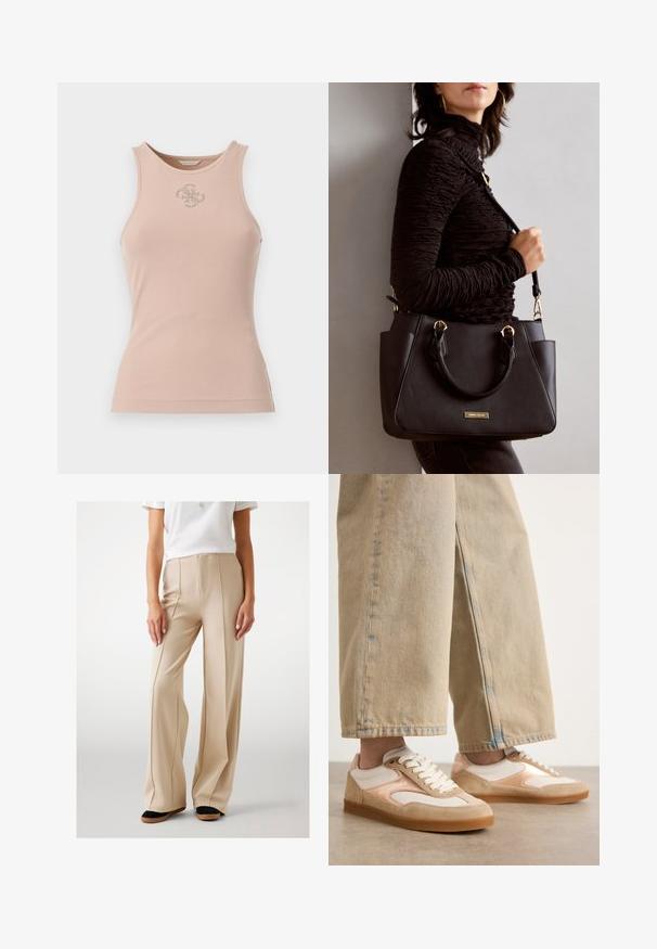 Rožinė gumbuota marškinėlė su apvalia iškirpte, su metaliniu logotipo akcentu priekyje ir prigludusia siluetu.; Kreminės plačių kojų kelnės, pagamintos iš lygios medžiagos, su priekyje esančiomis raukšlėmis ir aukštu liemeniu. Derinamos su juodais ir ruda plokščiadugniu bateliais.; Kreminių ir rudos spalvos sportbačiai su veliūro ir tinklinio dizainu, turintys raištelių užsegimą ir guminį padas, derinami su rudos spalvos plačiomis kelnėmis.; Juodas rankinės maišelis su struktūrizuota paviršiumi, dvigubais viršutiniais rankenėlėmis ir reguliuojamu peties diržu. Įrengtas aukso spalvos furnitūra ir šoninės kišenės.