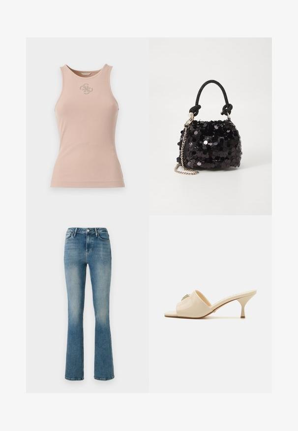 Top de tirantes de color rosa con un escote redondeado, que presenta un detalle de logo metálico en la parte delantera y una silueta ajustada.; Jeans acampanados de mezclilla de color azul claro con cinco bolsillos, una cintura alta y detalles de costura. La tela presenta un lavado ligeramente deslavado y una textura suave.; Sandalia mule abierta de piel sintética beige con tacón stiletto bajo. Presenta un acento decorativo central en la parte superior. Acabado suave y brillante.; Bolso de mano mini negro con lentejuelas, con una correa de textura anudada y cadena plateada. Forma redondeada con parte superior fruncida y detalles reflectantes.
