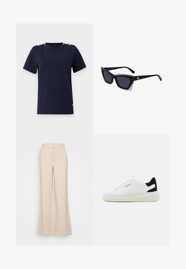 Tamsiai mėlynas medvilninis trumpomis rankovėmis marškinėliai su apvalia iškirpte ir auksinės sagos akcentais ant pečių. Lygi tekstūra, standartinė figūra ir be raštų.; Bežiniai plačios kojos kelnes su lygiu paviršiumi, turinčios aukštą liemenį ir dvi priekinės kišenes. Švarus dizainas su pritaikytu siluetu.; Baltos odinės sportbačiai su storu baltu padu, juodu nubuko kulno akcentu ir iškilmingu logotipu šone. Su raišteliais, turinčiais šešis akinius.; Juodos didelės saulės akinių su geometrine forma, turinčiais tamsius objektyvus ir kontrastingą pilką detalę ant rėmelio. Logotipas ant šalon.; Sidabriniai metaliniai auskarai su lygiu, ašaros formos dizainu ir blizgiu paviršiumi. Subtilūs raižiniai prideda detalumo. Minimalistinis dizainas.