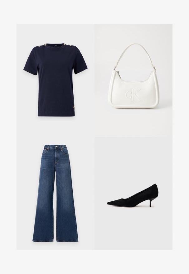 Marineblå bomullst-skjorte med korte ermer, rund hals og gullknappeaksenter på skuldrene. Glatt tekstur, standard passform, og uten mønstre.; Høyt midjer, vide jeans laget av mørkeblå denim, med knappelukking, fem lommer og subtil falming på lårene.; Sorte semskede høyhælte sko med spiss tå og slank, lav hæl. Glatt tekstur med et elegant design, uten synlig maskinvare.; Hvit lærveske med en buet fasong, med et preget "CK"-logo på forsiden og en enkel skulderstropp. Glidelåslukking på toppen.