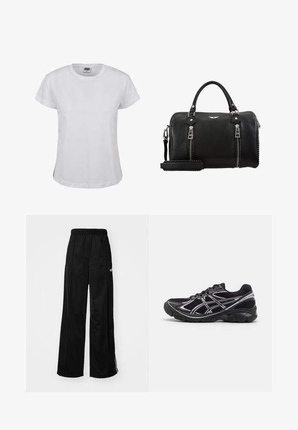 Hvid bomulds T-shirt med klassisk rund halsudskæring, korte ærmer og lige kant. Har et mærke med "URBAN CLASSICS" i sort.; Sorte brede træningsbukser med elastisk talje, prydet med hvide side-striber og et lille logo på venstre hofte. Glat stofstruktur.; Sorte atletisk sko med grå detaljer, overdel i mesh-stof, polstret sål og en struktureret gummisål. Har et strømlinet design.; Sort læder håndtaske med to sølv lynlåse, top håndtag, justerbar rem og nitter langs kanterne. Struktureret overflade.