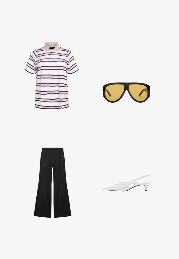 Polo con maniche corte, realizzato in tessuto bianco con righe orizzontali marroni e beige. Collo con tre bottoni.; Pantaloni neri a gamba larga con una texture liscia, caratterizzati da pieghe frontali e un design sartoriale. Il tessuto è leggero e fluido.; Décolleté bianco con punta affilata, caratterizzato da una tomaia liscia, sottili aperture e un tacco a blocco basso. La suola nera esalta il design.; Occhiali da sole con una struttura in plastica nera elegante e lenti gialle, caratterizzati da una forma angolare distintiva e grandi tempie per una maggiore copertura.