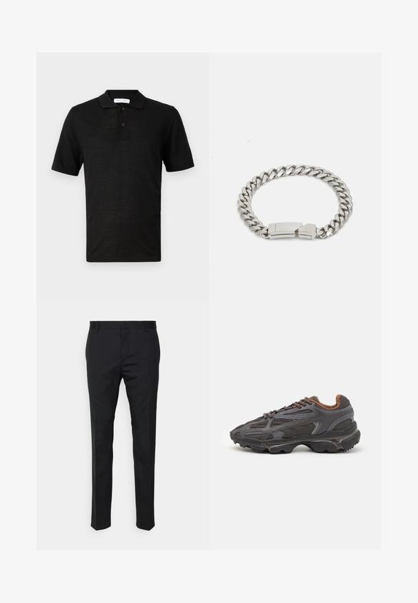 Samsøe Samsøe ROWAN - Polo - black; Pantaloni neri su misura con una vestibilità dritta, realizzati in tessuto liscio. Presentano passanti per cintura e dettagli di piega lungo la parte anteriore.; Sneaker Lacoste grigie scure in materiale mesh e sintetico, con suola testurizzata e dettagli marroni sul colletto e sul branding.; Calvin Klein ELECTRIC - Bracciale - silver-coloured