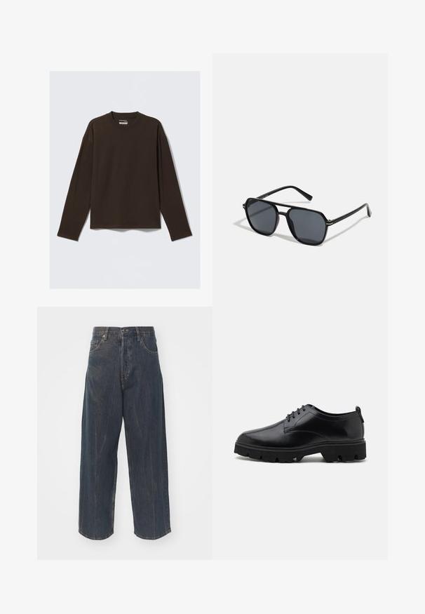 Barna, hosszú ujjú pamut póló, kerek nyakkivágással, laza fazonban, minimalista dizájnnal, minta vagy díszítés nélkül.; Széles szárú sötétkék farmernadrág finom kopott felülettel, öt zsebbel és klasszikus gombos és cipzáras záródással a deréknál.; Fekete bőrcipők sima felülettel, fűzős kialakítással, vastag, strapabíró gumitalppal, mély barázdákkal a tapadásért.; Fekete napszemüveg nyolcszögletű kerettel, sötét lencsékkel, fényes felülettel, vékony szárakkal és arany díszítéssel az elülső részén.