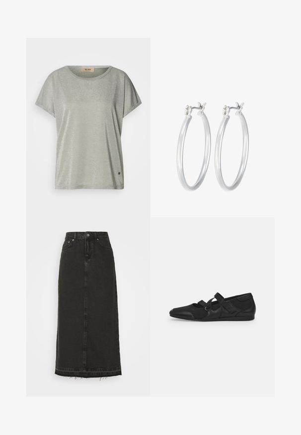 Light green, short-sleeve shirt with a subtle shimmer, round neck, and a logo accent on the hem. Soft fabric with a relaxed fit.; Black denim midi skirt with a fitted waist, front button closure, and frayed hem. Features classic five-pocket design and slight texture.; Black flat shoes with a soft, textured upper, featuring two adjustable straps and a rounded toe design, mounted on a flat rubber sole.; Silver hoop earrings with a smooth, polished finish. Round shape and secure click-top closure. Lightweight design suitable for everyday wear.